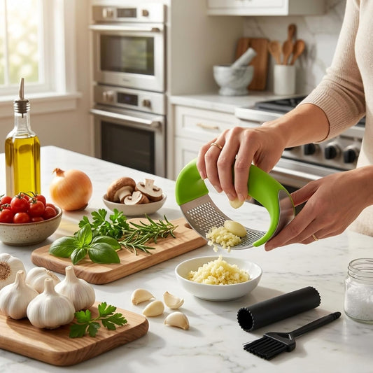 Stainless Steel Garlic Press Rocker Set with Silicone Garlic Peeler & Cleaning Brush – Garlic Chopper, Mincer, Grater, Crusher – Easy for Crushed Cloves – Rust-Resistant, Green