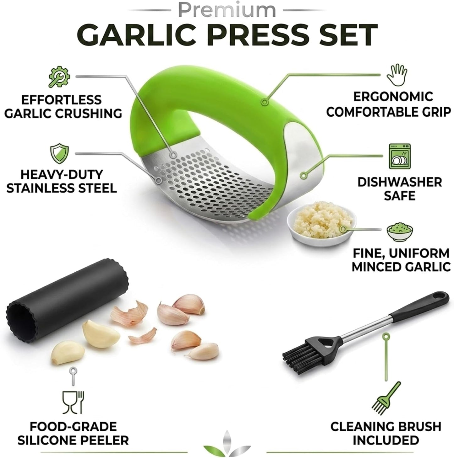 Stainless Steel Garlic Press Rocker Set with Silicone Garlic Peeler & Cleaning Brush – Garlic Chopper, Mincer, Grater, Crusher – Easy for Crushed Cloves – Rust-Resistant, Green