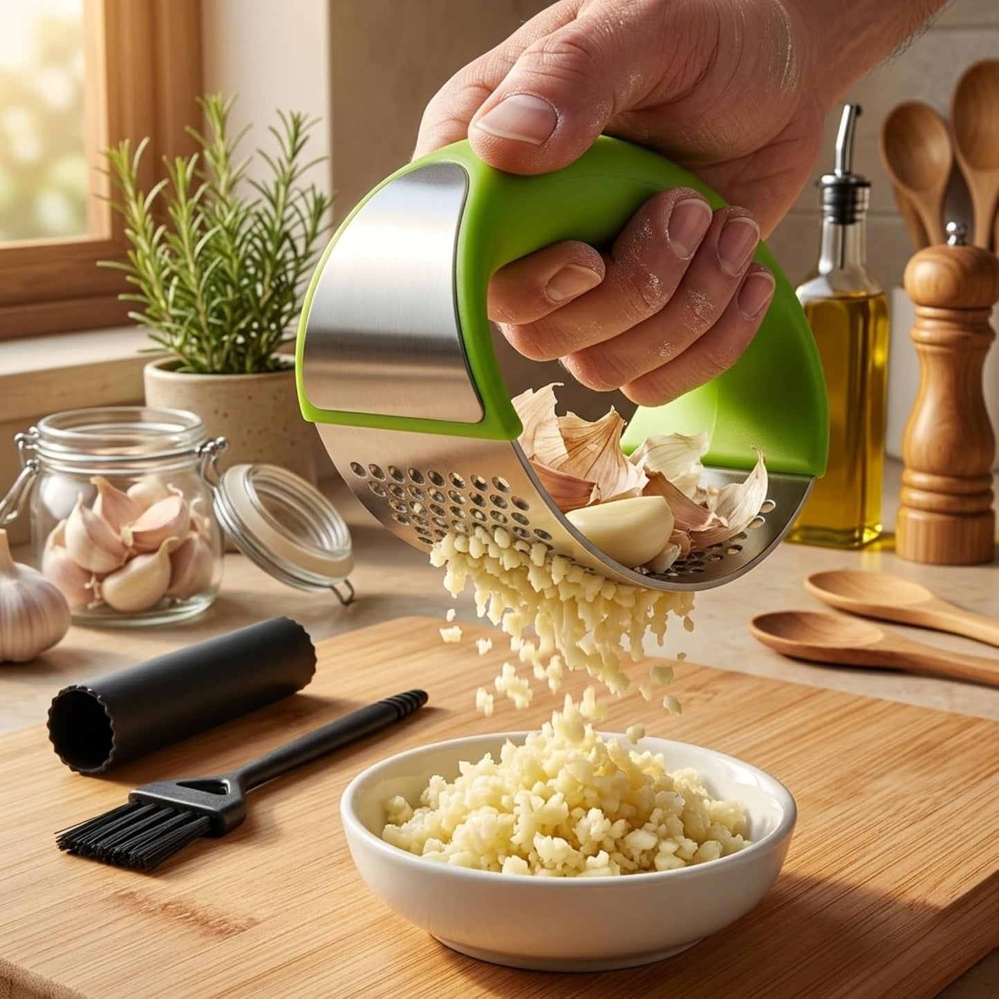 Stainless Steel Garlic Press Rocker Set with Silicone Garlic Peeler & Cleaning Brush – Garlic Chopper, Mincer, Grater, Crusher – Easy for Crushed Cloves – Rust-Resistant, Green