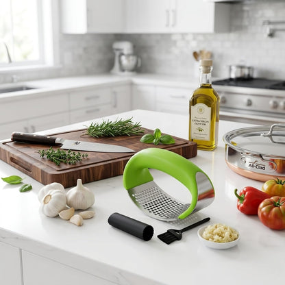 Stainless Steel Garlic Press Rocker Set with Silicone Garlic Peeler & Cleaning Brush – Garlic Chopper, Mincer, Grater, Crusher – Easy for Crushed Cloves – Rust-Resistant, Green