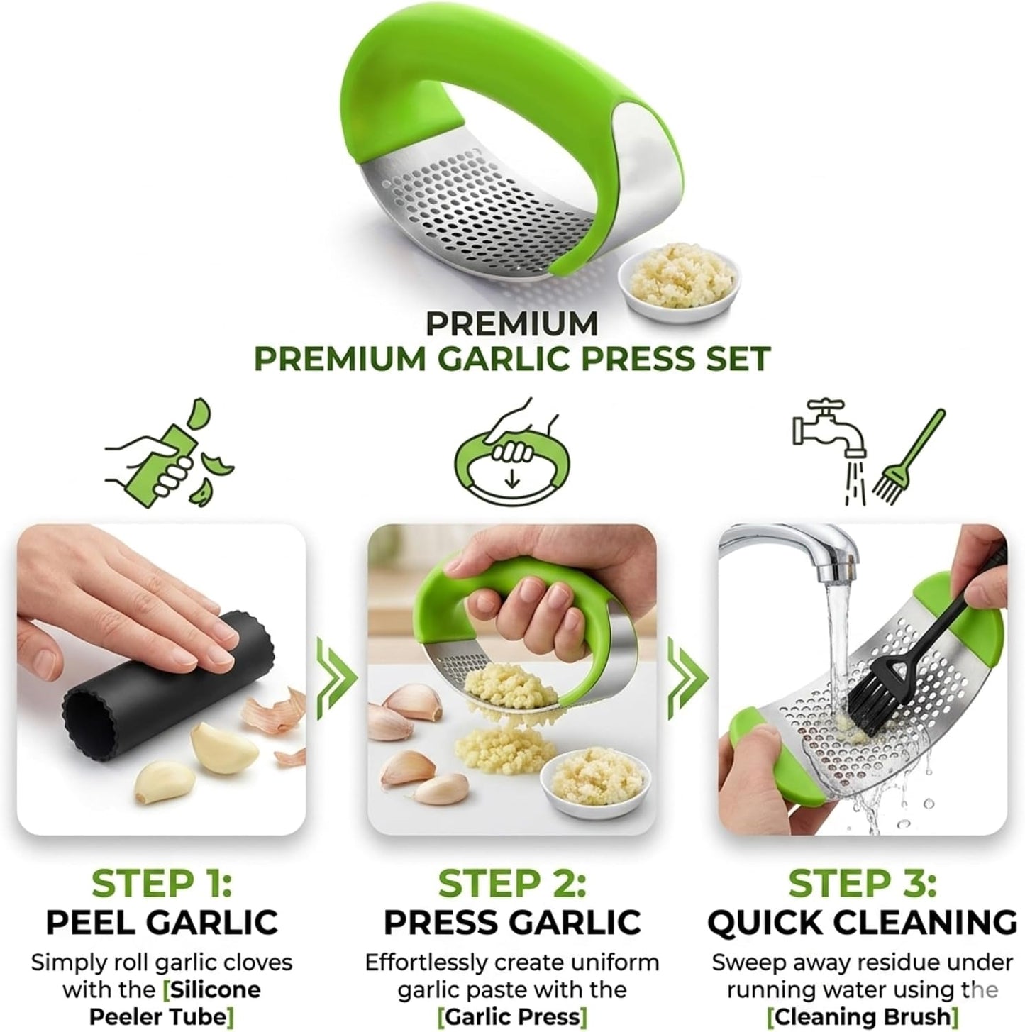 Stainless Steel Garlic Press Rocker Set with Silicone Garlic Peeler & Cleaning Brush – Garlic Chopper, Mincer, Grater, Crusher – Easy for Crushed Cloves – Rust-Resistant, Green