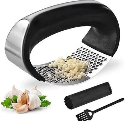 Stainless Steel Garlic Press Rocker Set with Silicone Garlic Peeler & Cleaning Brush – Garlic Chopper, Mincer, Grater, Crusher – Easy for Crushed Cloves – Rust-Resistant, Green