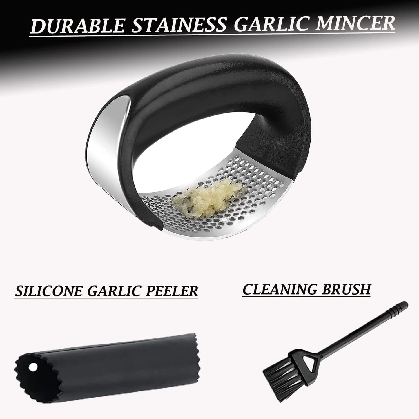 Stainless Steel Garlic Press Rocker Set with Silicone Garlic Peeler & Cleaning Brush – Garlic Chopper, Mincer, Grater, Crusher – Easy for Crushed Cloves – Rust-Resistant, Green