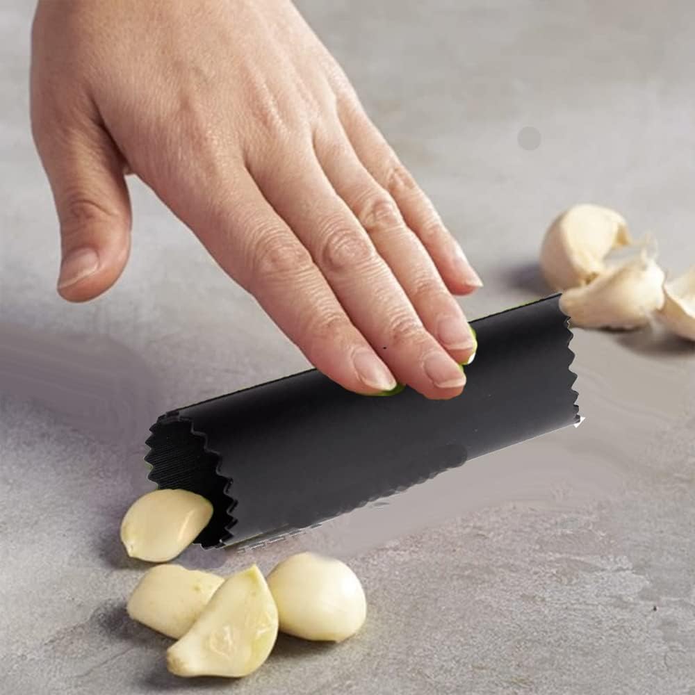 Stainless Steel Garlic Press Rocker Set with Silicone Garlic Peeler & Cleaning Brush – Garlic Chopper, Mincer, Grater, Crusher – Easy for Crushed Cloves – Rust-Resistant, Green