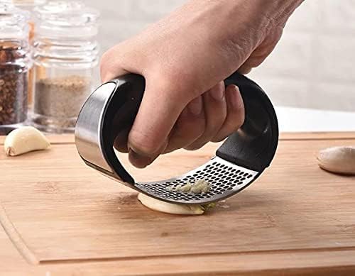 Stainless Steel Garlic Press Rocker Set with Silicone Garlic Peeler & Cleaning Brush – Garlic Chopper, Mincer, Grater, Crusher – Easy for Crushed Cloves – Rust-Resistant, Green