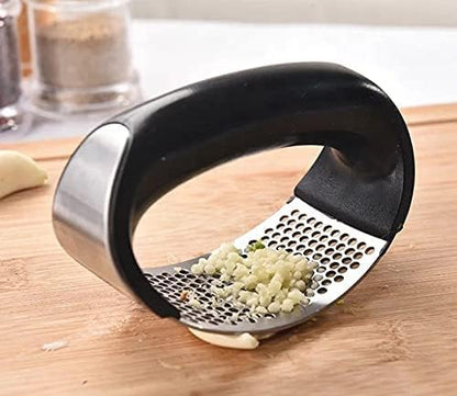 Stainless Steel Garlic Press Rocker Set with Silicone Garlic Peeler & Cleaning Brush – Garlic Chopper, Mincer, Grater, Crusher – Easy for Crushed Cloves – Rust-Resistant, Green