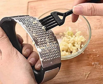 Stainless Steel Garlic Press Rocker Set with Silicone Garlic Peeler & Cleaning Brush – Garlic Chopper, Mincer, Grater, Crusher – Easy for Crushed Cloves – Rust-Resistant, Green