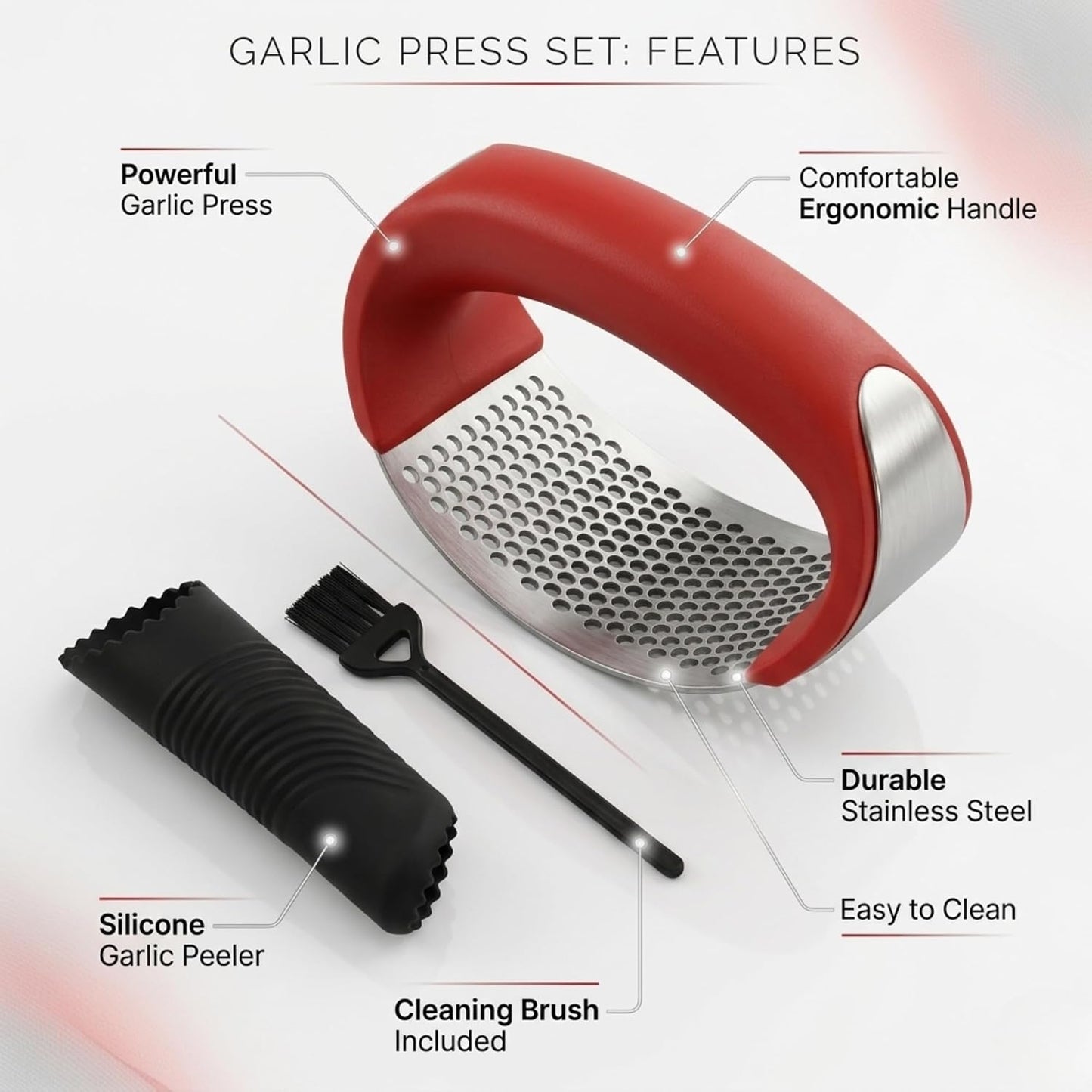 Stainless Steel Garlic Press Rocker Set with Silicone Garlic Peeler & Cleaning Brush – Garlic Chopper, Mincer, Grater, Crusher – Easy for Crushed Cloves – Rust-Resistant, Green