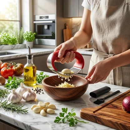 Stainless Steel Garlic Press Rocker Set with Silicone Garlic Peeler & Cleaning Brush – Garlic Chopper, Mincer, Grater, Crusher – Easy for Crushed Cloves – Rust-Resistant, Green