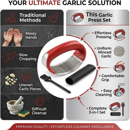 Stainless Steel Garlic Press Rocker Set with Silicone Garlic Peeler & Cleaning Brush – Garlic Chopper, Mincer, Grater, Crusher – Easy for Crushed Cloves – Rust-Resistant, Green