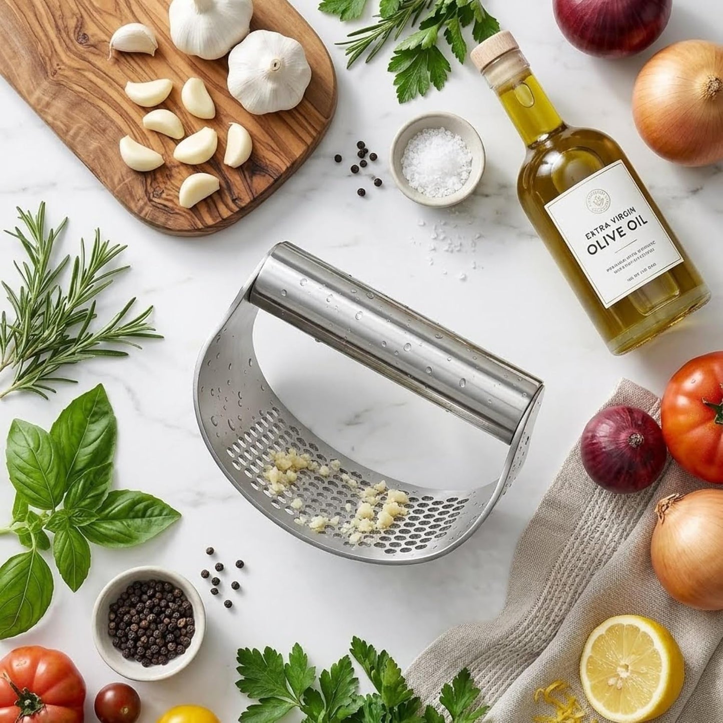 Stainless Steel Garlic Press Rocker Set with Silicone Garlic Peeler & Cleaning Brush – Garlic Chopper, Mincer, Grater, Crusher – Easy for Crushed Cloves – Rust-Resistant, Green
