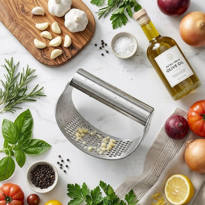 Stainless Steel Garlic Press Rocker Set with Silicone Garlic Peeler & Cleaning Brush – Garlic Chopper, Mincer, Grater, Crusher – Easy for Crushed Cloves – Rust-Resistant, Green