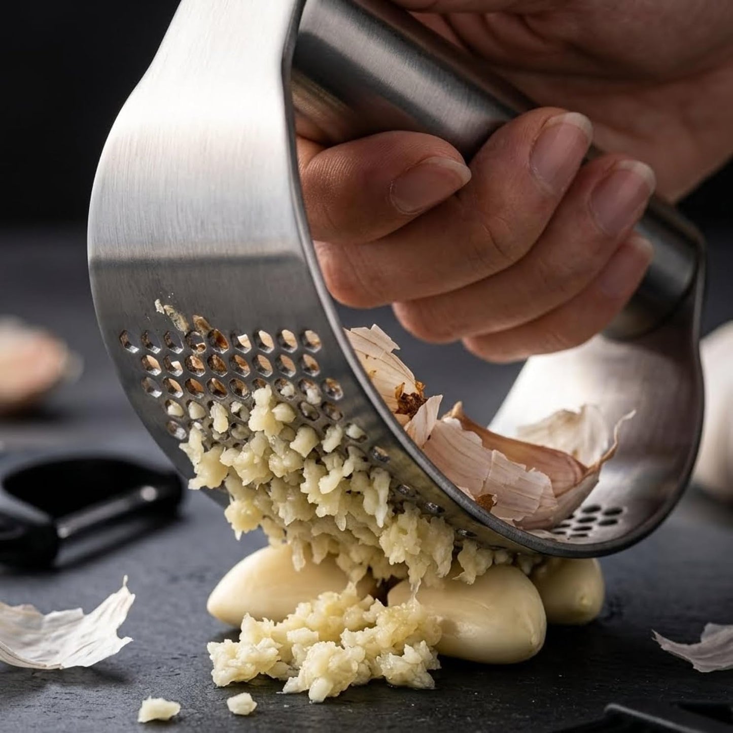 Stainless Steel Garlic Press Rocker Set with Silicone Garlic Peeler & Cleaning Brush – Garlic Chopper, Mincer, Grater, Crusher – Easy for Crushed Cloves – Rust-Resistant, Green
