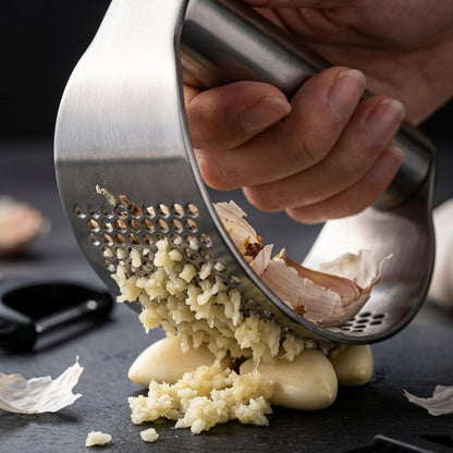 Stainless Steel Garlic Press Rocker Set with Silicone Garlic Peeler & Cleaning Brush – Garlic Chopper, Mincer, Grater, Crusher – Easy for Crushed Cloves – Rust-Resistant, Green