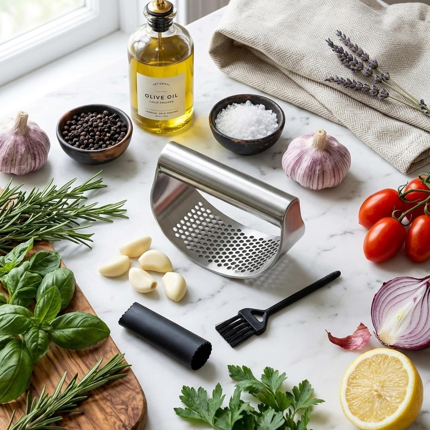 Stainless Steel Garlic Press Rocker Set with Silicone Garlic Peeler & Cleaning Brush – Garlic Chopper, Mincer, Grater, Crusher – Easy for Crushed Cloves – Rust-Resistant, Green