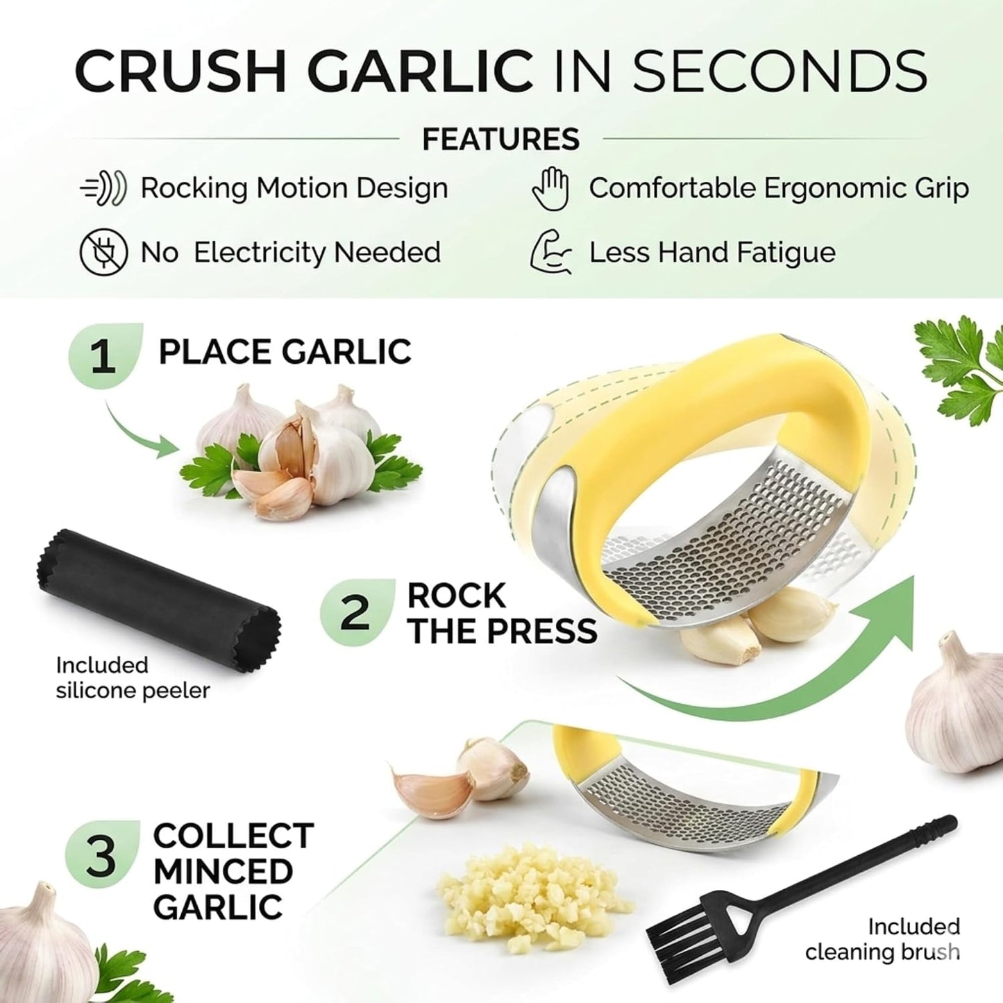 Stainless Steel Garlic Press Rocker Set with Silicone Garlic Peeler & Cleaning Brush – Garlic Chopper, Mincer, Grater, Crusher – Easy for Crushed Cloves – Rust-Resistant, Green