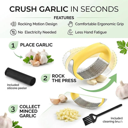 Stainless Steel Garlic Press Rocker Set with Silicone Garlic Peeler & Cleaning Brush – Garlic Chopper, Mincer, Grater, Crusher – Easy for Crushed Cloves – Rust-Resistant, Green