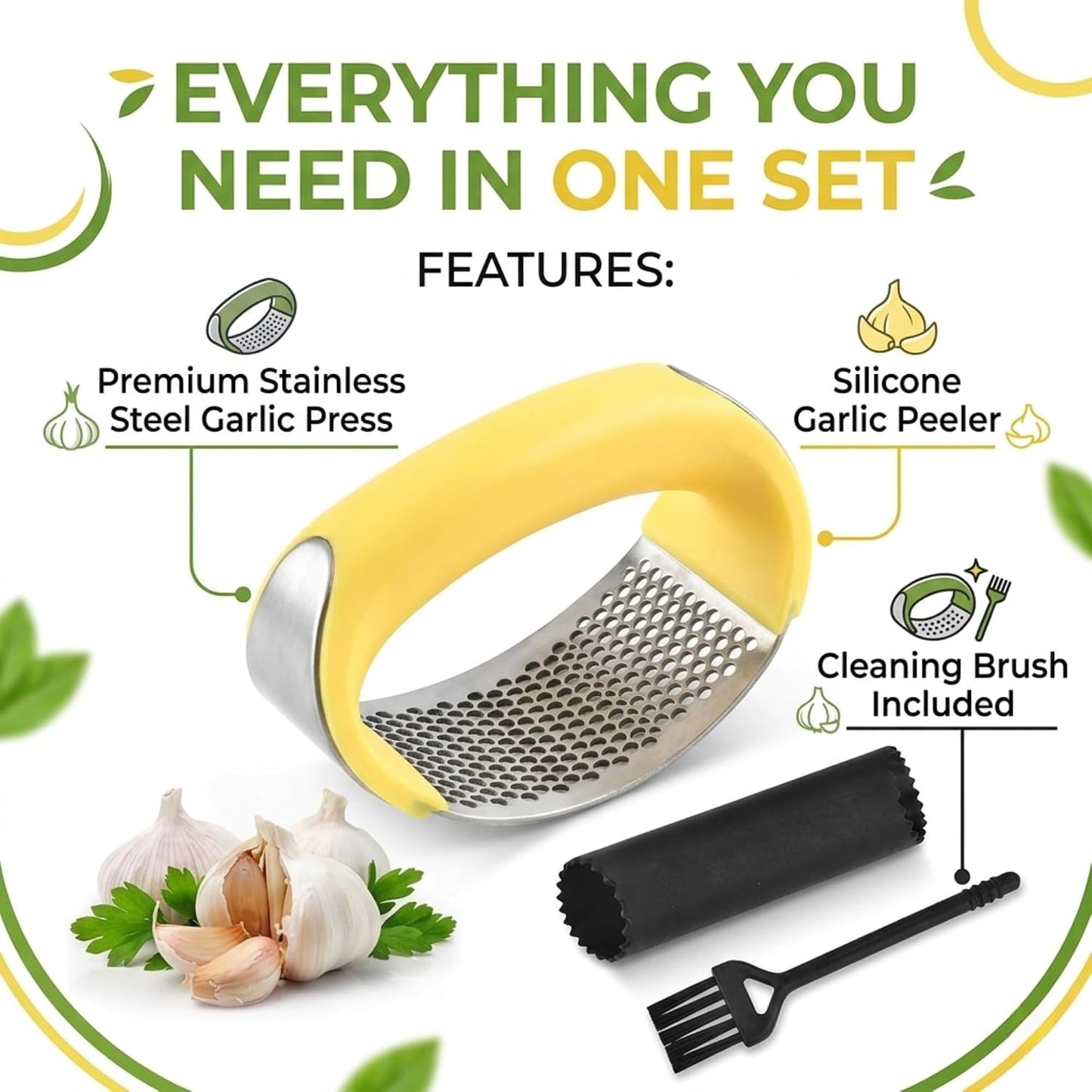 Stainless Steel Garlic Press Rocker Set with Silicone Garlic Peeler & Cleaning Brush – Garlic Chopper, Mincer, Grater, Crusher – Easy for Crushed Cloves – Rust-Resistant, Green