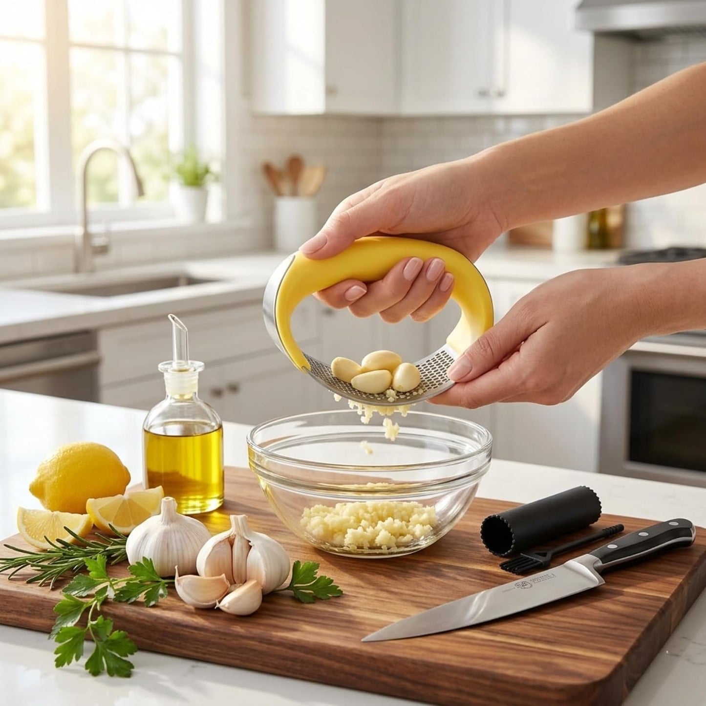 Stainless Steel Garlic Press Rocker Set with Silicone Garlic Peeler & Cleaning Brush – Garlic Chopper, Mincer, Grater, Crusher – Easy for Crushed Cloves – Rust-Resistant, Green