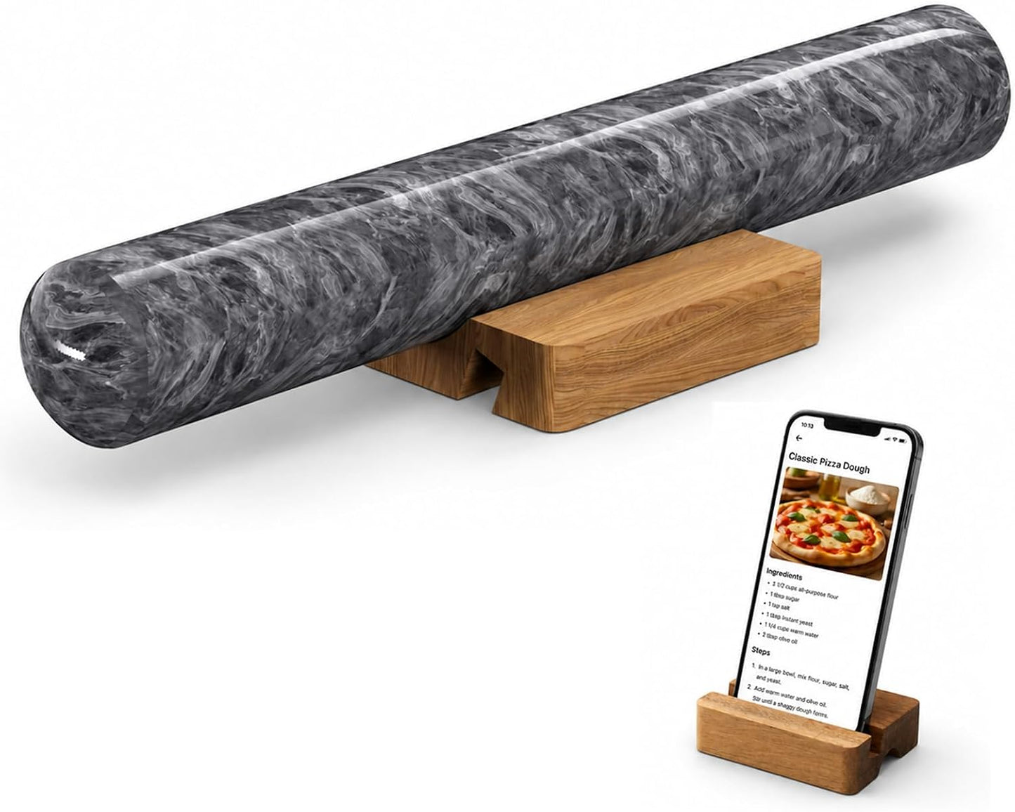 12 Inch Marble Rolling Pins for Baking with Wooden Stand | French Rolling Pin for Dough, Heavy Stone French Polished Non-Stick Roller Pins For Baking Cookie Pizza Pastry (Black)