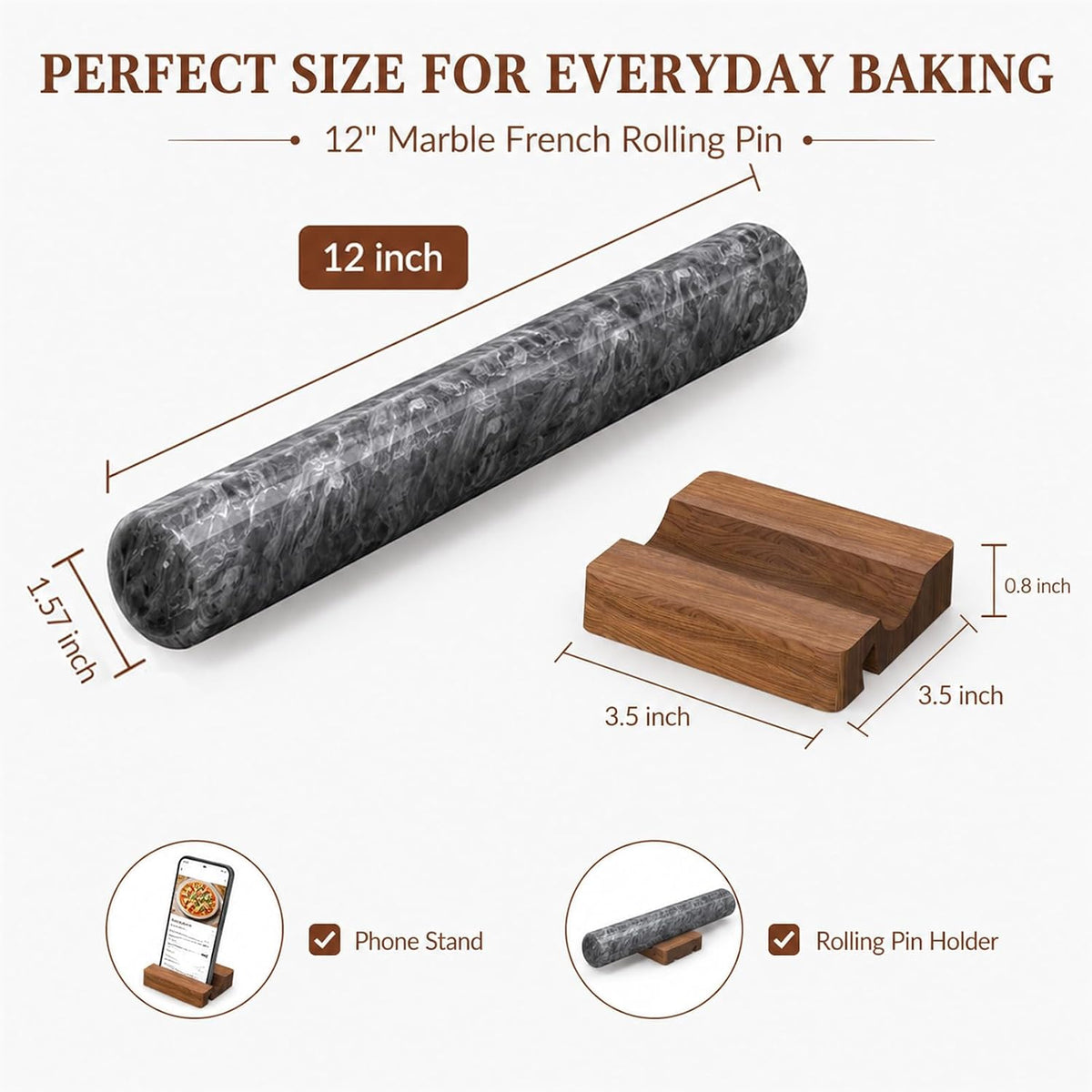 12 Inch Marble Rolling Pins for Baking with Wooden Stand | French Rolling Pin for Dough, Heavy Stone French Polished Non-Stick Roller Pins For Baking Cookie Pizza Pastry (Black)