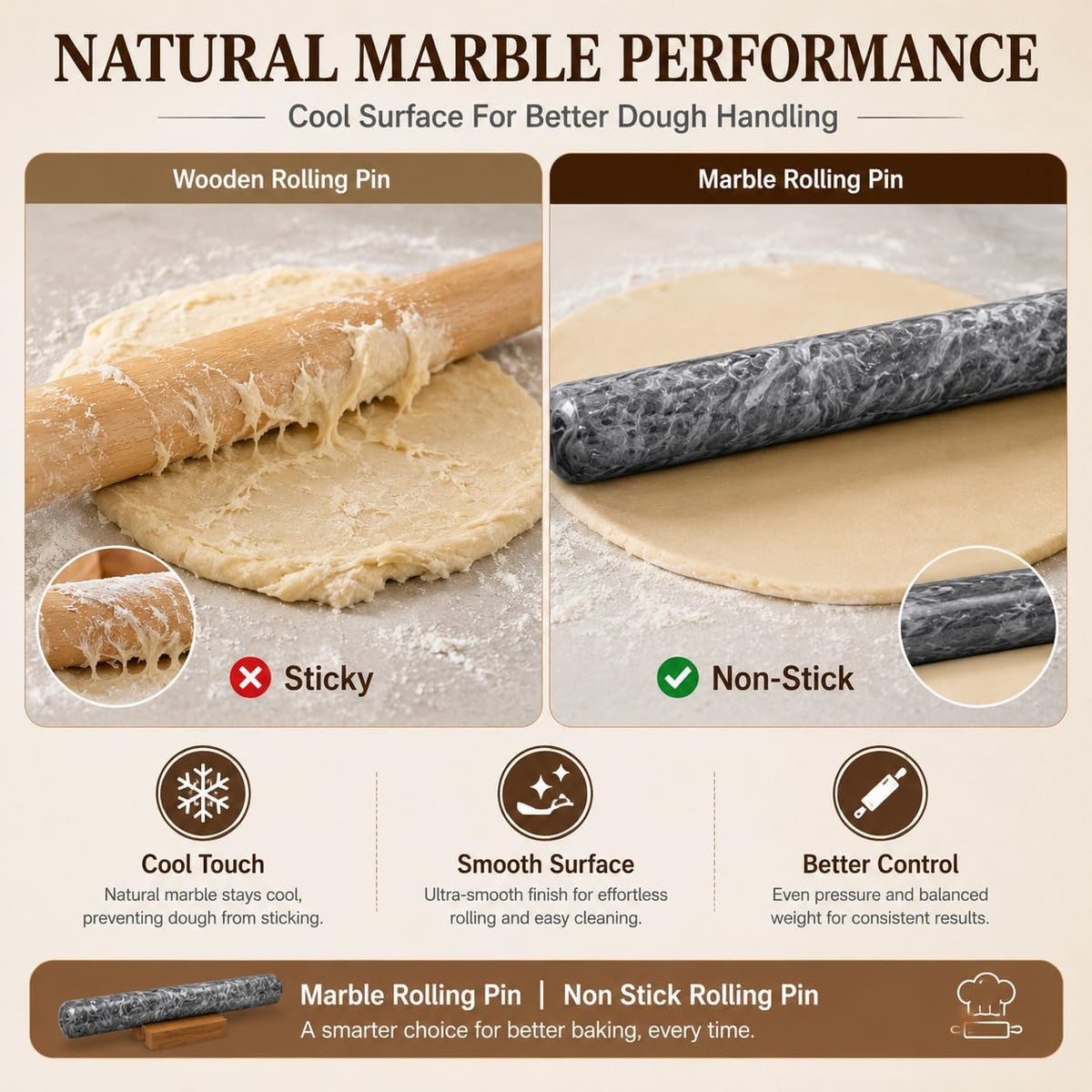 12 Inch Marble Rolling Pins for Baking with Wooden Stand | French Rolling Pin for Dough, Heavy Stone French Polished Non-Stick Roller Pins For Baking Cookie Pizza Pastry (Black)
