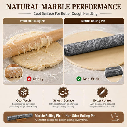12 Inch Marble Rolling Pins for Baking with Wooden Stand | French Rolling Pin for Dough, Heavy Stone French Polished Non-Stick Roller Pins For Baking Cookie Pizza Pastry (Black)