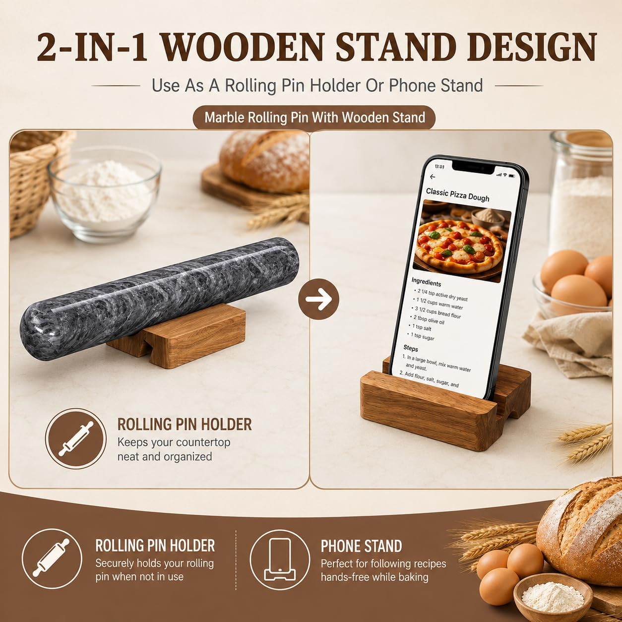 12 Inch Marble Rolling Pins for Baking with Wooden Stand | French Rolling Pin for Dough, Heavy Stone French Polished Non-Stick Roller Pins For Baking Cookie Pizza Pastry (Black)