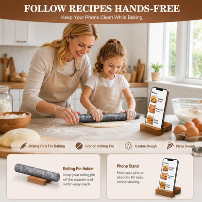 12 Inch Marble Rolling Pins for Baking with Wooden Stand | French Rolling Pin for Dough, Heavy Stone French Polished Non-Stick Roller Pins For Baking Cookie Pizza Pastry (Black)