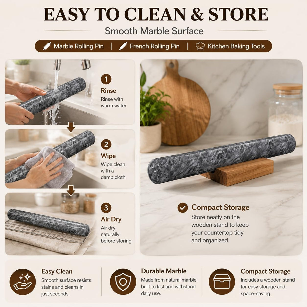 12 Inch Marble Rolling Pins for Baking with Wooden Stand | French Rolling Pin for Dough, Heavy Stone French Polished Non-Stick Roller Pins For Baking Cookie Pizza Pastry (Black)