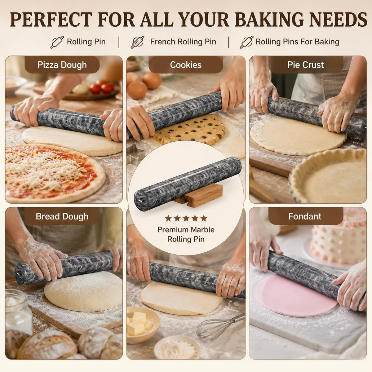 12 Inch Marble Rolling Pins for Baking with Wooden Stand | French Rolling Pin for Dough, Heavy Stone French Polished Non-Stick Roller Pins For Baking Cookie Pizza Pastry (Black)