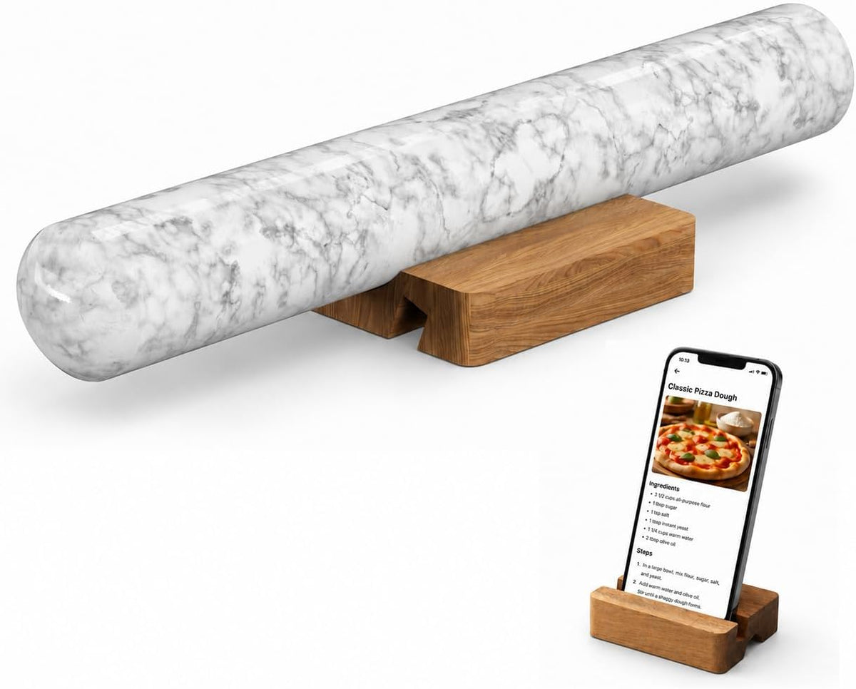 12 Inch Marble Rolling Pins for Baking with Wooden Stand | French Rolling Pin for Dough, Heavy Stone French Polished Non-Stick Roller Pins For Baking Cookie Pizza Pastry (Black)