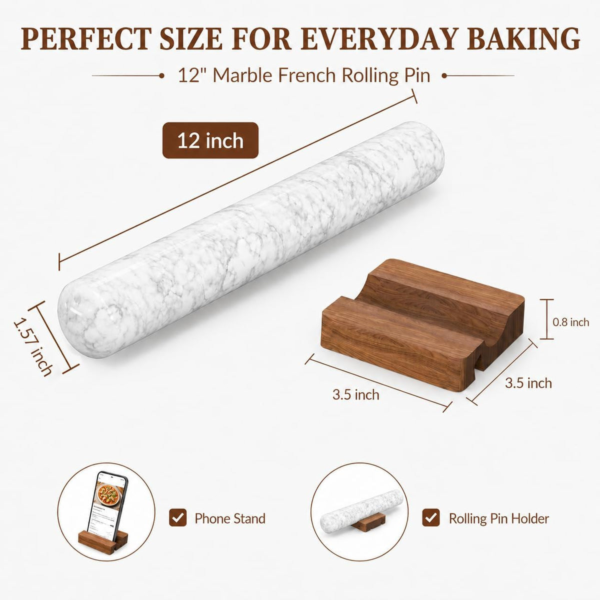 12 Inch Marble Rolling Pins for Baking with Wooden Stand | French Rolling Pin for Dough, Heavy Stone French Polished Non-Stick Roller Pins For Baking Cookie Pizza Pastry (Black)