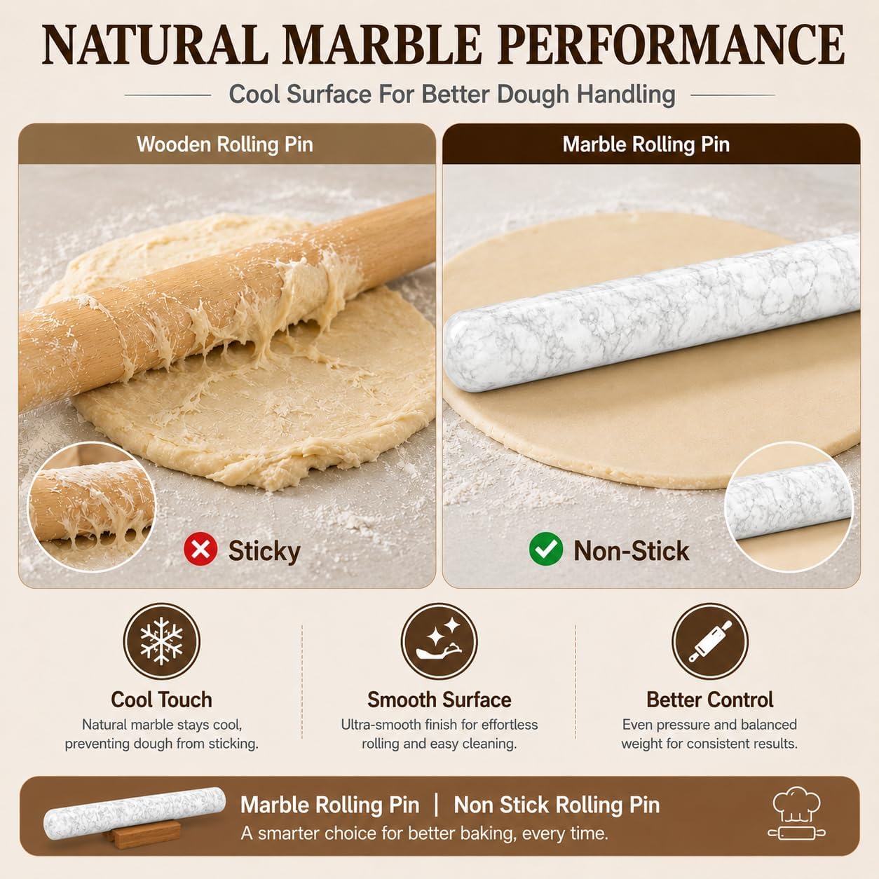 12 Inch Marble Rolling Pins for Baking with Wooden Stand | French Rolling Pin for Dough, Heavy Stone French Polished Non-Stick Roller Pins For Baking Cookie Pizza Pastry (Black)