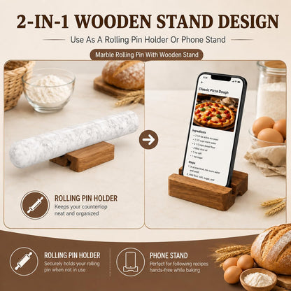 12 Inch Marble Rolling Pins for Baking with Wooden Stand | French Rolling Pin for Dough, Heavy Stone French Polished Non-Stick Roller Pins For Baking Cookie Pizza Pastry (Black)