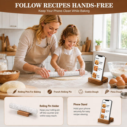 12 Inch Marble Rolling Pins for Baking with Wooden Stand | French Rolling Pin for Dough, Heavy Stone French Polished Non-Stick Roller Pins For Baking Cookie Pizza Pastry (Black)