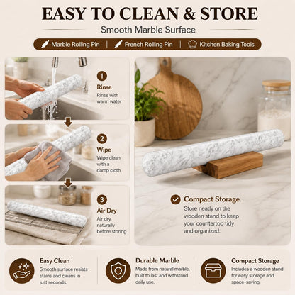 12 Inch Marble Rolling Pins for Baking with Wooden Stand | French Rolling Pin for Dough, Heavy Stone French Polished Non-Stick Roller Pins For Baking Cookie Pizza Pastry (Black)