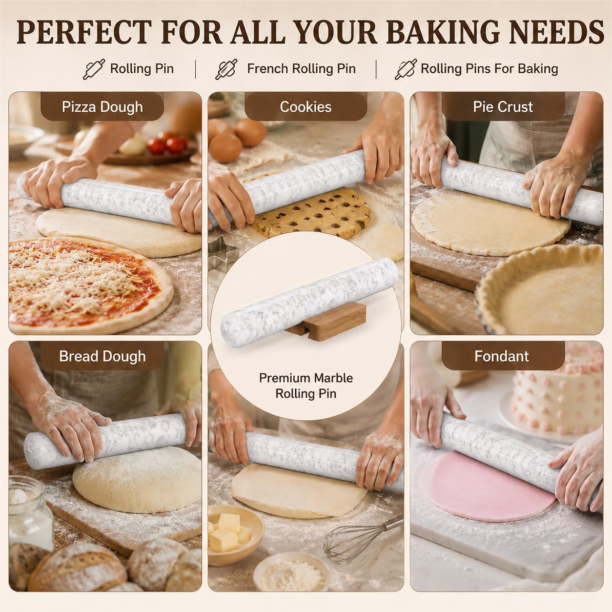12 Inch Marble Rolling Pins for Baking with Wooden Stand | French Rolling Pin for Dough, Heavy Stone French Polished Non-Stick Roller Pins For Baking Cookie Pizza Pastry (Black)