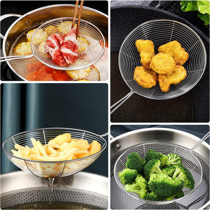 Spider Strainer Skimmer Spoon, Set of 3 Sizes Frying Spoon Stainless Steel Fryer Scoop Wire Strainer Ladle with Long Handle for Kitchen Frying Cooking Food Pasta