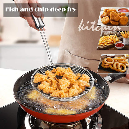Spider Strainer Skimmer Spoon, Set of 3 Sizes Frying Spoon Stainless Steel Fryer Scoop Wire Strainer Ladle with Long Handle for Kitchen Frying Cooking Food Pasta