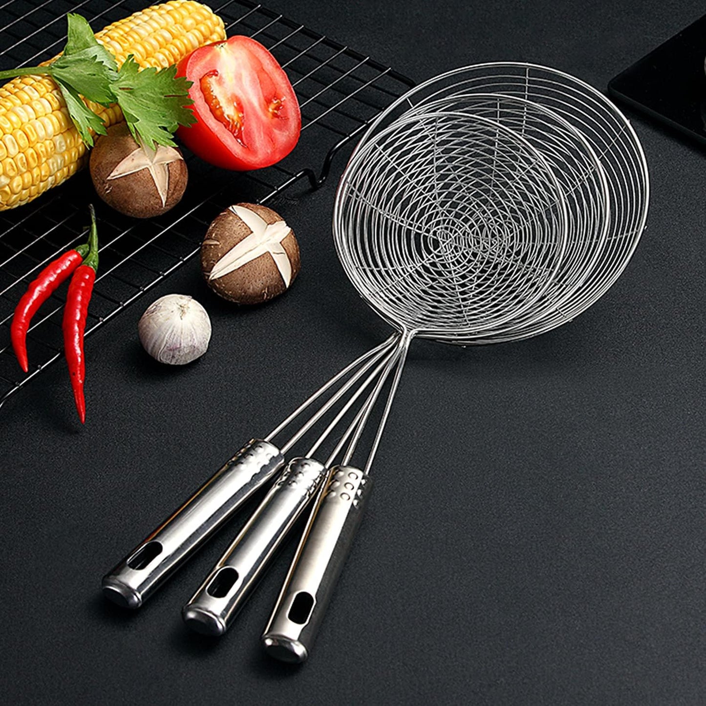 Spider Strainer Skimmer Spoon, Set of 3 Sizes Frying Spoon Stainless Steel Fryer Scoop Wire Strainer Ladle with Long Handle for Kitchen Frying Cooking Food Pasta