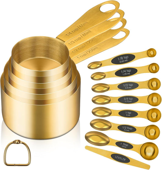 Gold Magnetic Measuring Spoons and Cups Set of 12, 8 Dual Sided Magnetic Measuring Spoons set with Leveler, 4 Measuring Cups, Premium Stainless Steel, Measuring for Liquid and Dry Ingredients