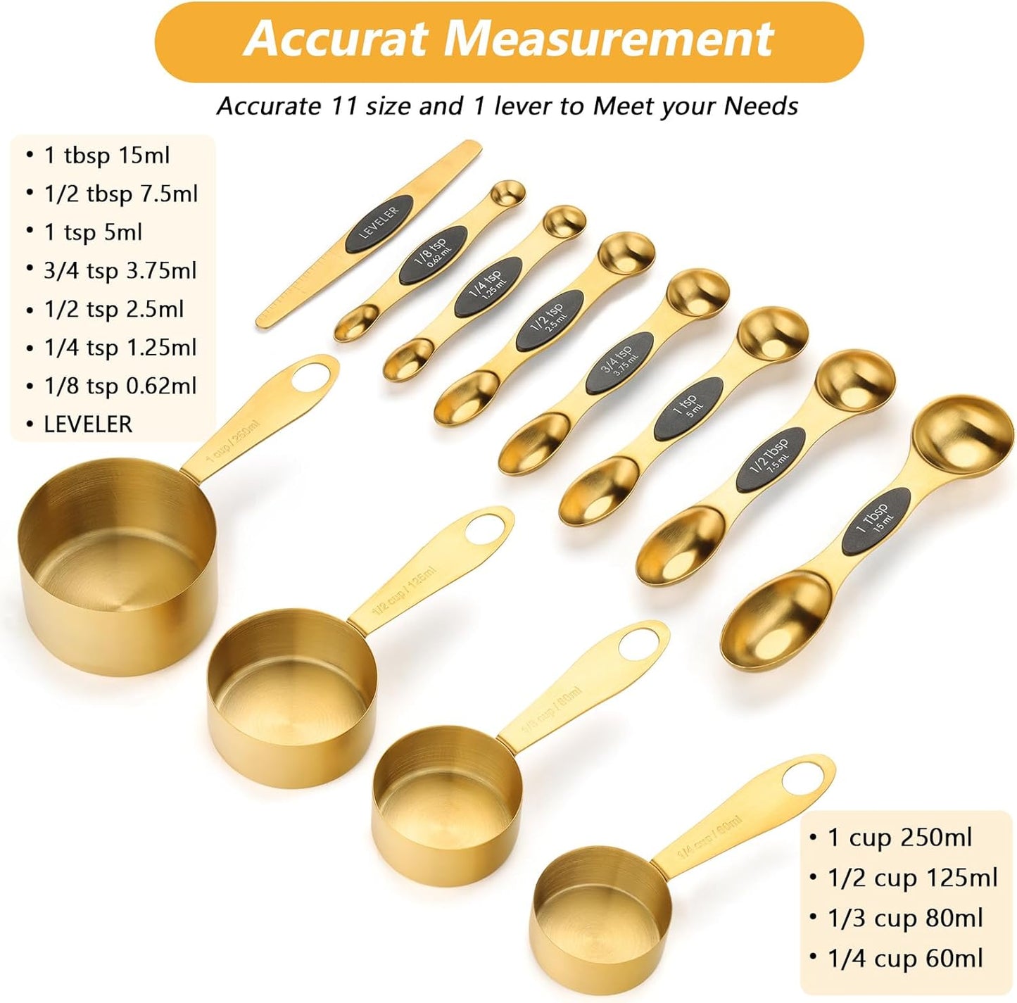 Gold Magnetic Measuring Spoons and Cups Set of 12, 8 Dual Sided Magnetic Measuring Spoons set with Leveler, 4 Measuring Cups, Premium Stainless Steel, Measuring for Liquid and Dry Ingredients