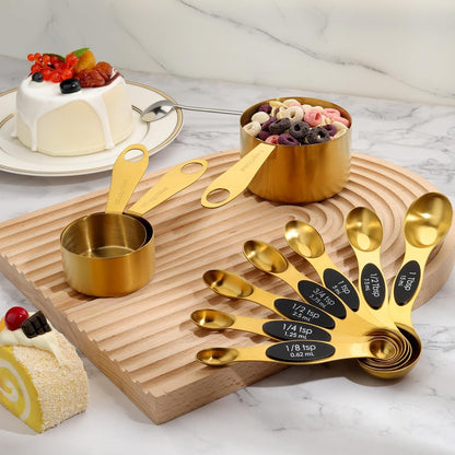 Gold Magnetic Measuring Spoons and Cups Set of 12, 8 Dual Sided Magnetic Measuring Spoons set with Leveler, 4 Measuring Cups, Premium Stainless Steel, Measuring for Liquid and Dry Ingredients