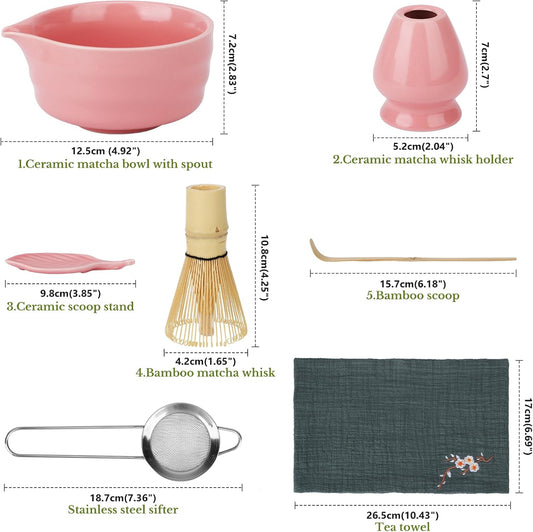 Matcha Whisk Set, Traditional Matcha Kit Includes Matcha Bowl, Pink Whisk with Holder, Scoop, Scoop Rest, Sifter, and Tea Cloth – 7 Piece Matcha Whisk Set, Gift Set for Tea Enthusiasts