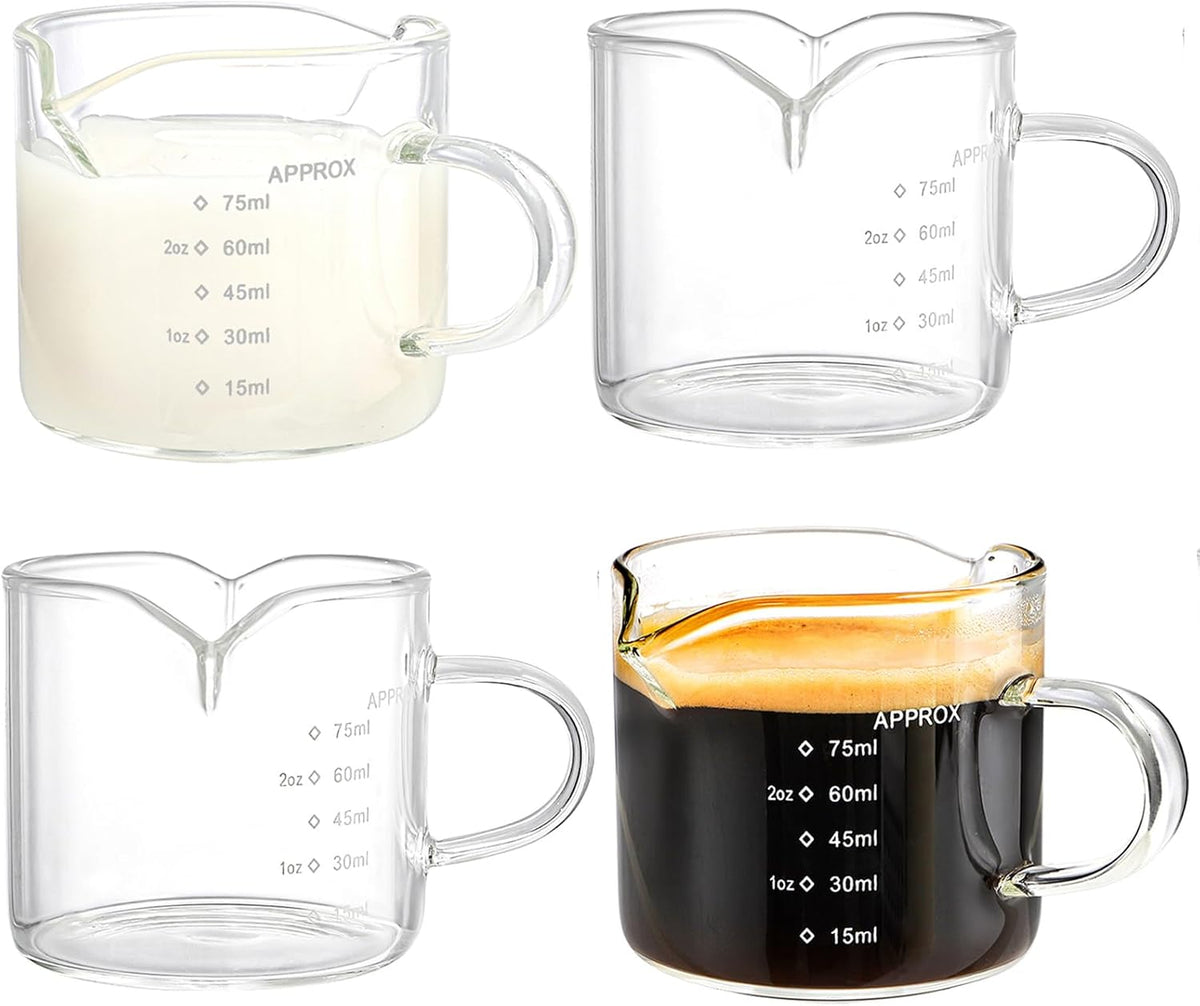 4 Pack Measuring Cups Espresso Shot Glasses, Double Spouts Espresso Cup Glass Graduated 75 ML/ 2.5 OZ for Milk Pitcher, Coffee Maker Accessories