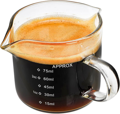 4 Pack Measuring Cups Espresso Shot Glasses, Double Spouts Espresso Cup Glass Graduated 75 ML/ 2.5 OZ for Milk Pitcher, Coffee Maker Accessories
