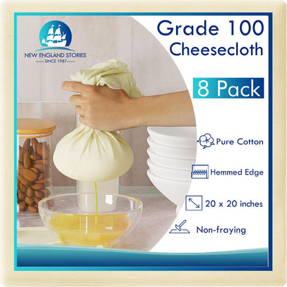 Reusable Cheesecloth, Grade 100, 20x20 Inch Hemmed Cheese Cloth for Straining Craft, 100% Cotton Unbleached Cloth Strainer for Cooking, Baking, Juicing, Cheese Making