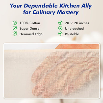 Reusable Cheesecloth, Grade 100, 20x20 Inch Hemmed Cheese Cloth for Straining Craft, 100% Cotton Unbleached Cloth Strainer for Cooking, Baking, Juicing, Cheese Making