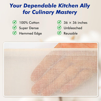 Reusable Cheesecloth, Grade 100, 20x20 Inch Hemmed Cheese Cloth for Straining Craft, 100% Cotton Unbleached Cloth Strainer for Cooking, Baking, Juicing, Cheese Making